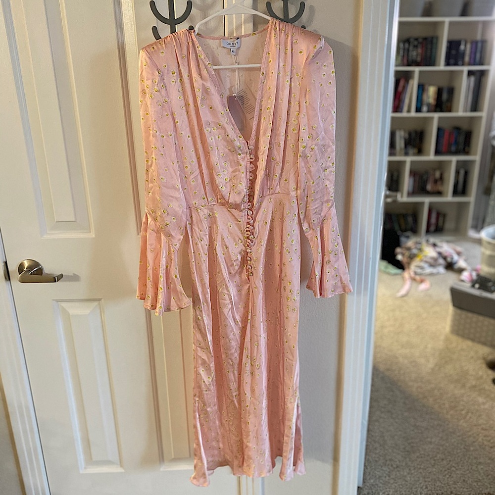Satin Baby Pink Daisy Midi Dress